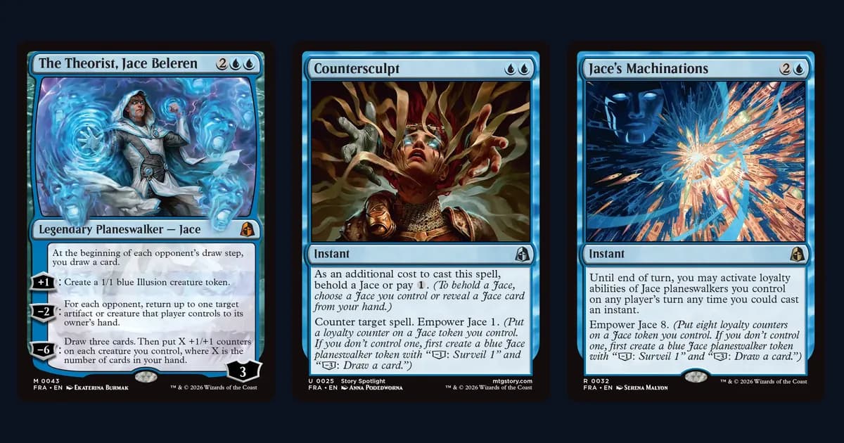 The Theorist, Jace Beleren, Countersculpt and Jace's Machinations card faces side by side, the Reality Fracture cards that drive Azorius Control