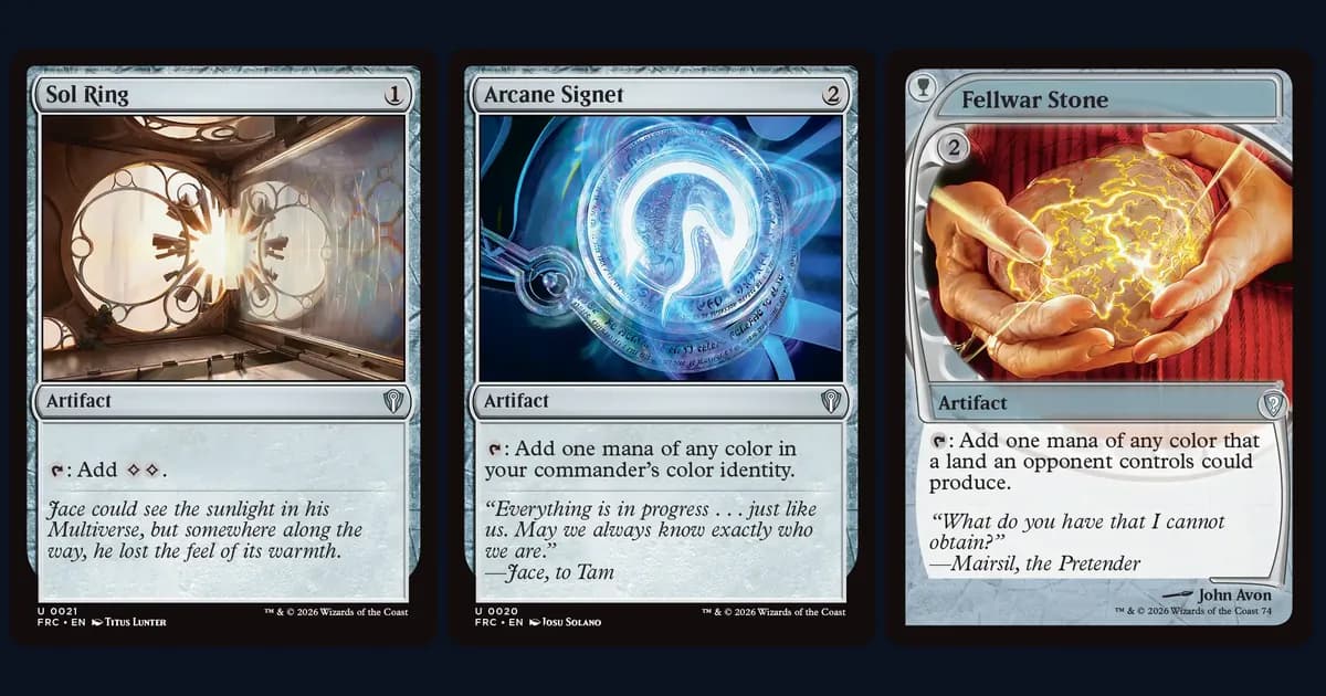 Sol Ring, Arcane Signet and Fellwar Stone side by side, the three most-played colorless mana rocks in Commander