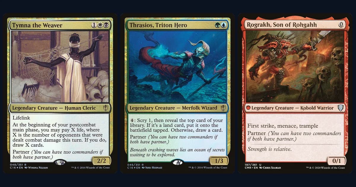 Tymna the Weaver, Thrasios, Triton Hero and Rograkh, Son of Rohgahh side by side, the three most-built partner commanders on EDHREC