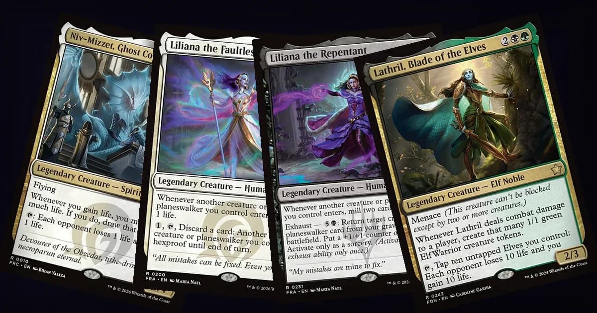 Niv-Mizzet, Ghost Counsel, Liliana the Faultless, Liliana the Repentant, and Lathril, Blade of the Elves fanned out against a dark background