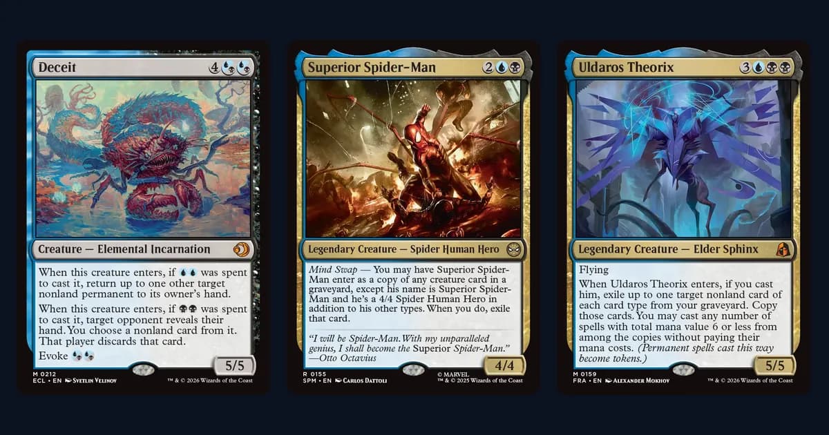 Deceit, Superior Spider-Man and Uldaros Theorix card faces side by side, the three creatures at the center of Dimir Reanimator's graveyard plan