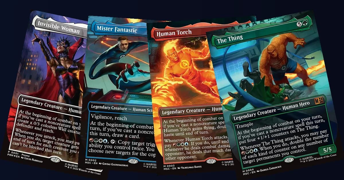 Invisible Woman, Mister Fantastic, Human Torch and The Thing face commander cards fanned out against a dark navy background