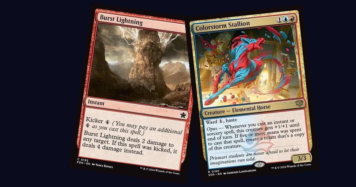 Burst Lightning and Colorstorm Stallion cards side by side, representing the Izzet Spellementals deck's cheap removal and spell-triggered Elemental payoff