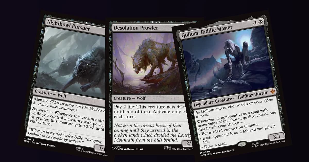 Nighthowl Pursuer, Desolation Prowler and Gollum, Riddle Master fanned out on a dark background, the creatures Wizards highlights