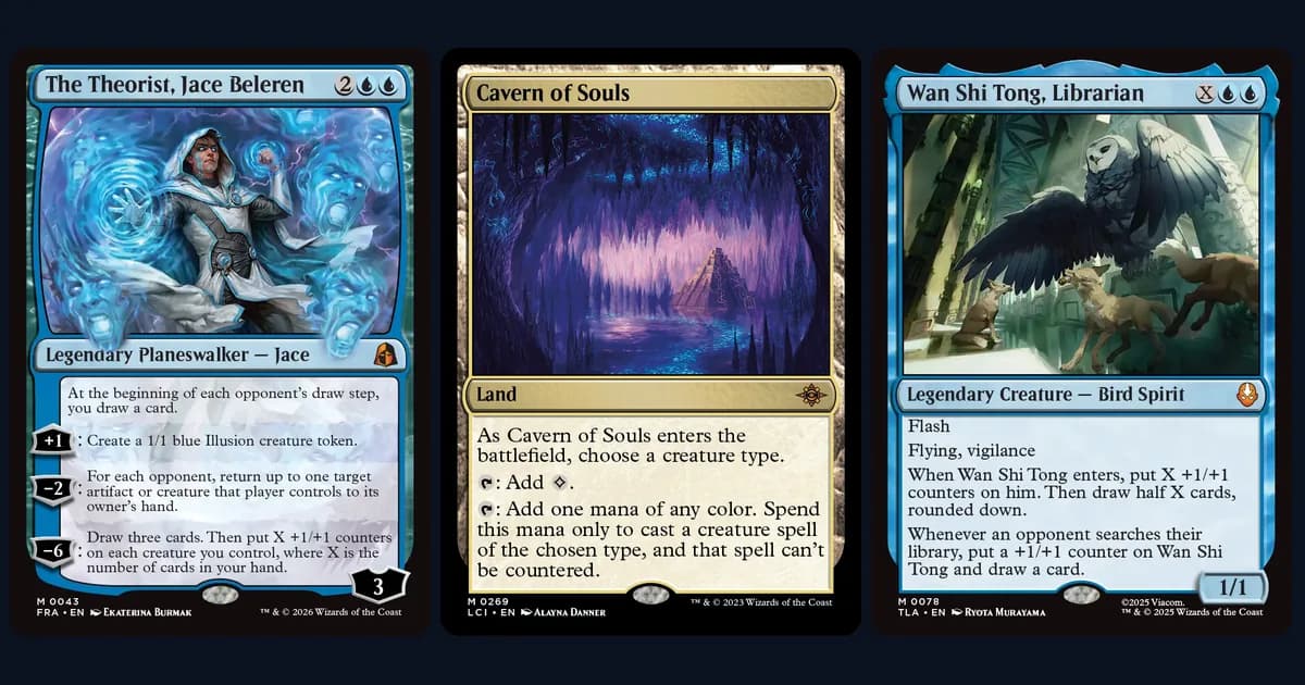 The Theorist, Jace Beleren, Cavern of Souls and Wan Shi Tong, Librarian, three of the most expensive cards in Standard decks, side by side