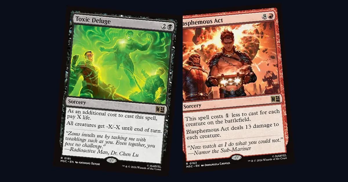 Toxic Deluge and Blasphemous Act, two board wipe cards with different removal wording, fanned out against a dark background