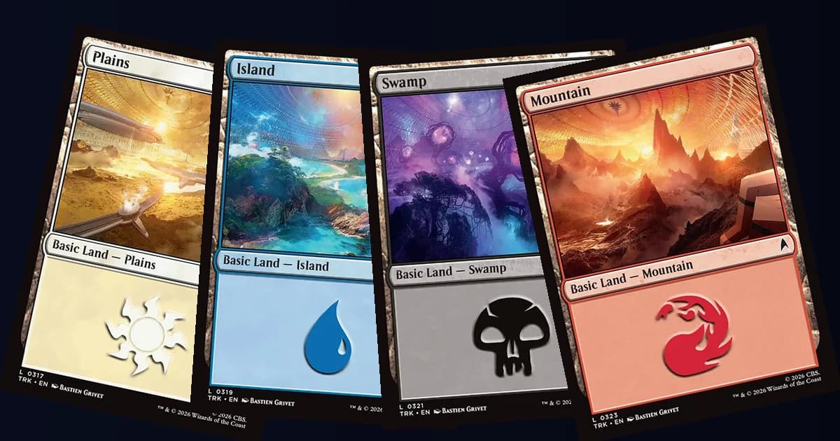 Four basic land cards fanned out on a dark background: Plains, Island, Swamp and Mountain