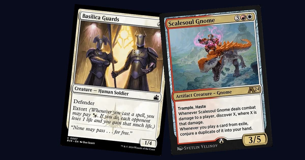 Basilica Guards showing Extort reminder text and Scalesoul Gnome showing discover X rules text, side by side