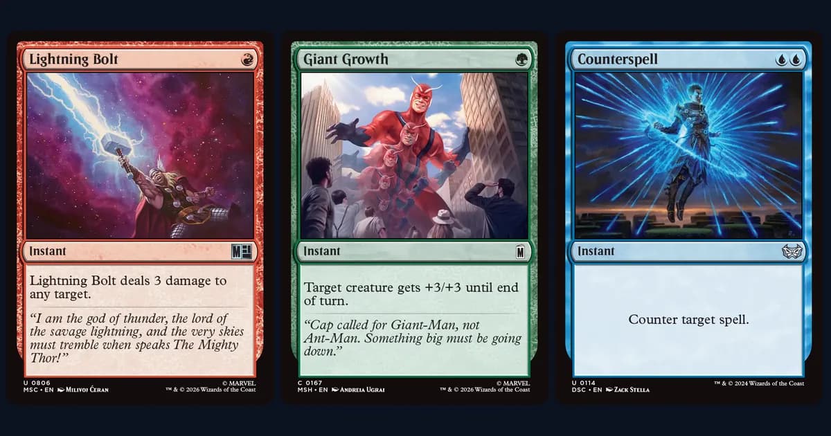 Lightning Bolt with Thor, Giant Growth with Giant-Man and Counterspell side by side, the three instants in our stack example