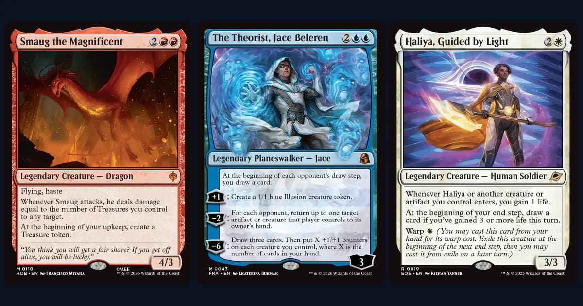 Smaug the Magnificent, The Theorist, Jace Beleren and Haliya, Guided by Light side by side, three Standard cards that trigger in the upkeep, the draw step and the end step