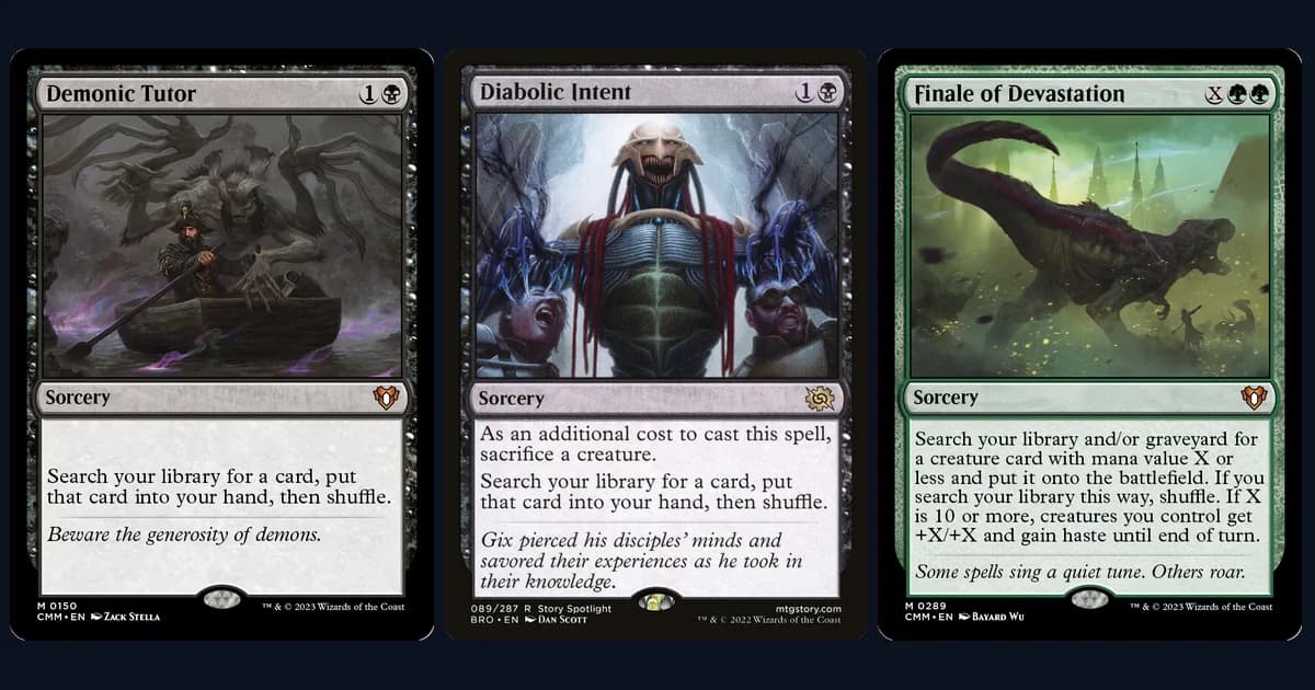 Demonic Tutor, Diabolic Intent and Finale of Devastation side by side, three of the most-played tutors in Commander