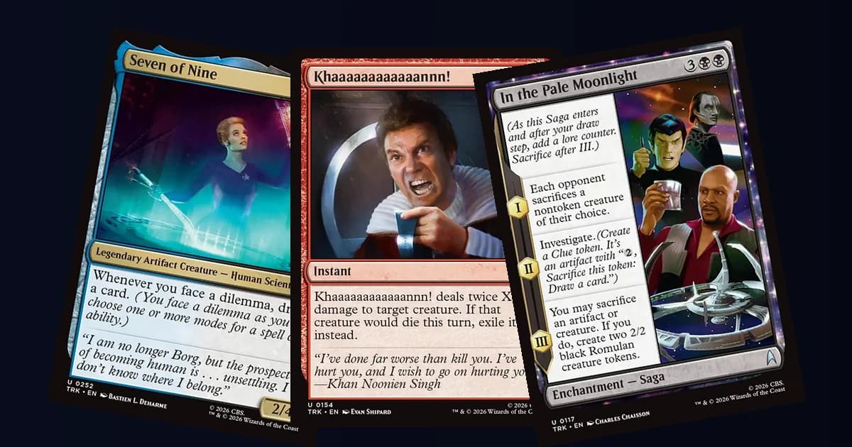 Seven of Nine, Khaaaaaaaaaaaannn! and In the Pale Moonlight, three Star Trek cards fanned out on a dark background