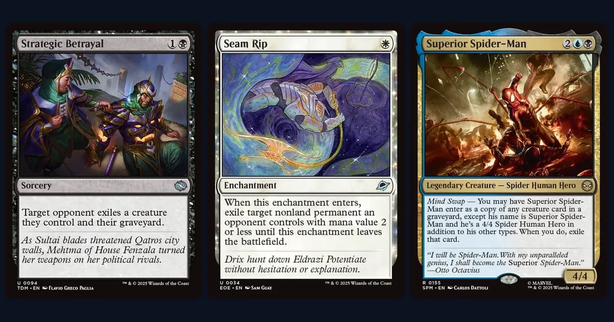 Strategic Betrayal, Seam Rip and Superior Spider-Man card faces side by side, three Standard cards that move cards between zones