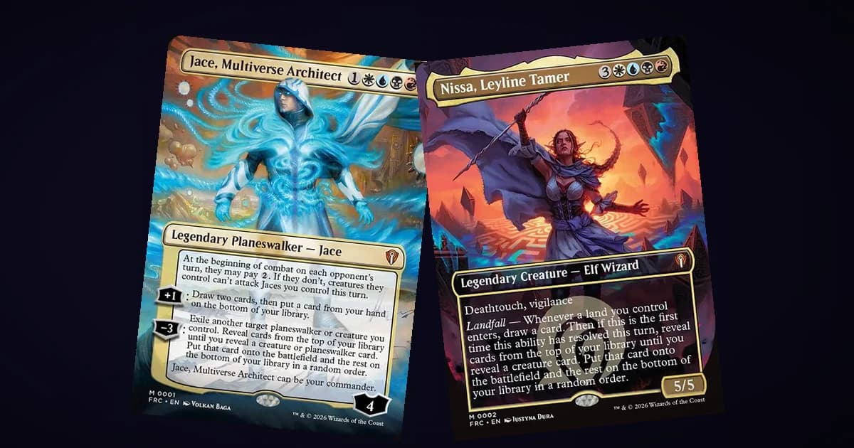Jace, Multiverse Architect and Nissa, Leyline Tamer, the two Multiverse Reforged commanders, side by side on a dark background
