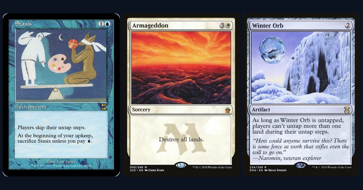 Stasis, Armageddon and Winter Orb side by side, the three saltiest cards in EDHREC's 2026 Salt Score vote
