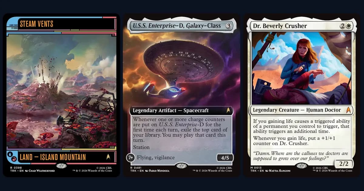 Steam Vents in the LCARS frame, the extended-art U.S.S. Enterprise-D, Galaxy-Class and Dr. Beverly Crusher, three Star Trek cards found in Collector Boosters