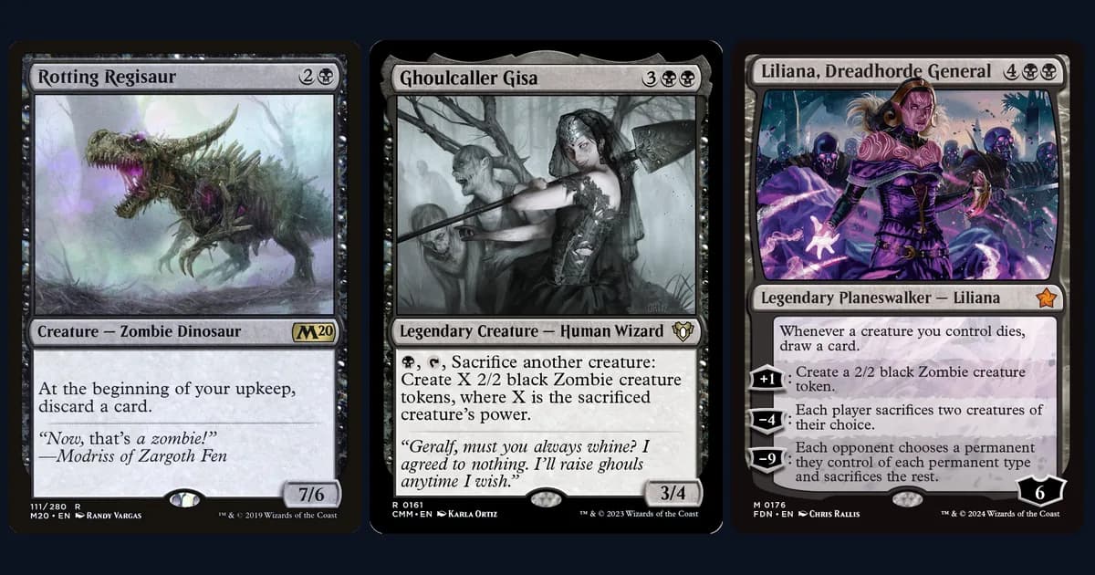 Rotting Regisaur, Ghoulcaller Gisa and Liliana, Dreadhorde General side by side, the commander of the Wretched Ranks precon between two popular upgrades