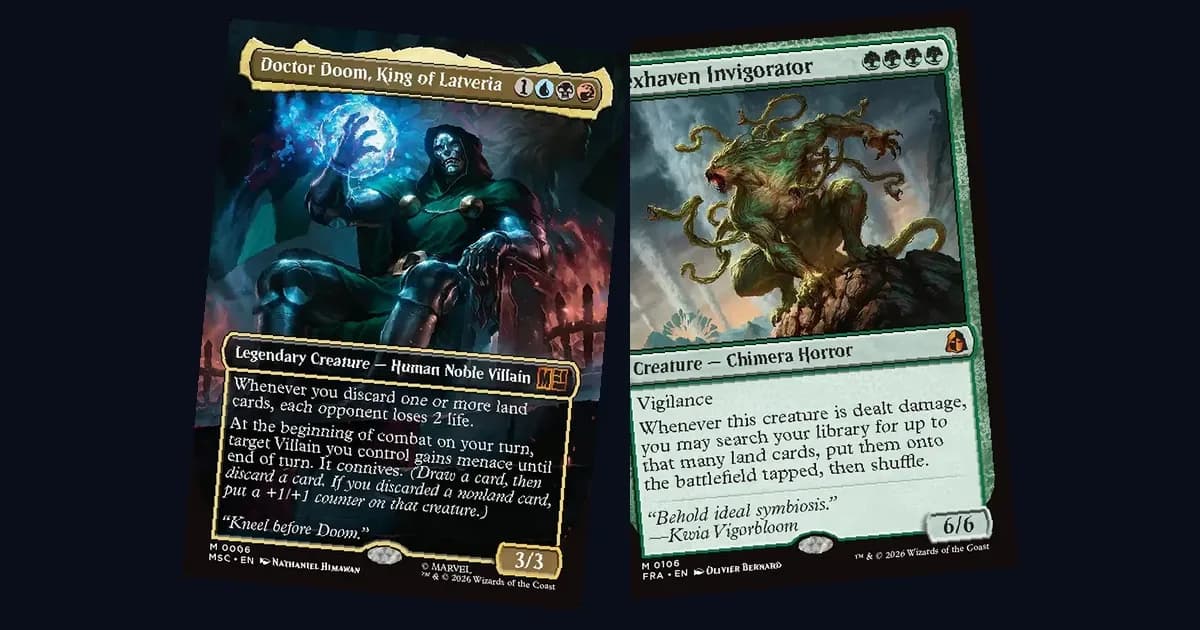 Doctor Doom from Marvel Super Heroes and Hexhaven Invigorator from Reality Fracture, two 2026 Standard-legal sets, fanned out against a dark background