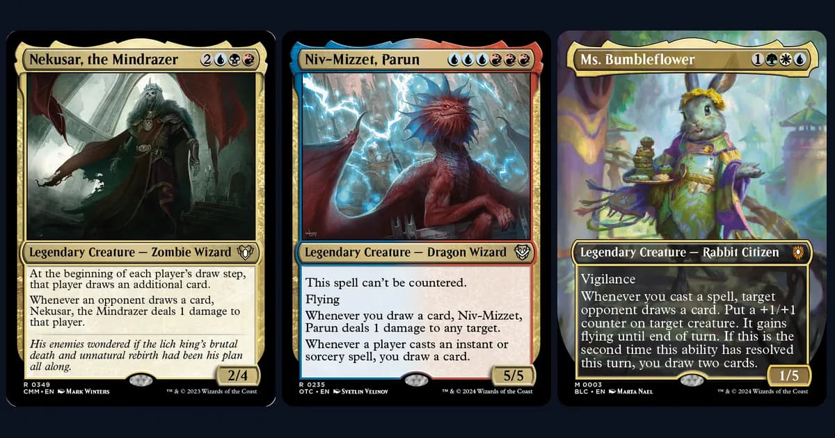 Nekusar, the Mindrazer, Niv-Mizzet, Parun and Ms. Bumbleflower side by side, three commanders that win through card draw