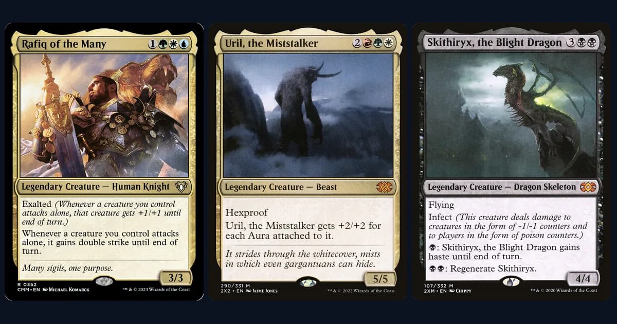 Rafiq of the Many, Uril, the Miststalker and Skithiryx, the Blight Dragon side by side, three commanders built to win through combat