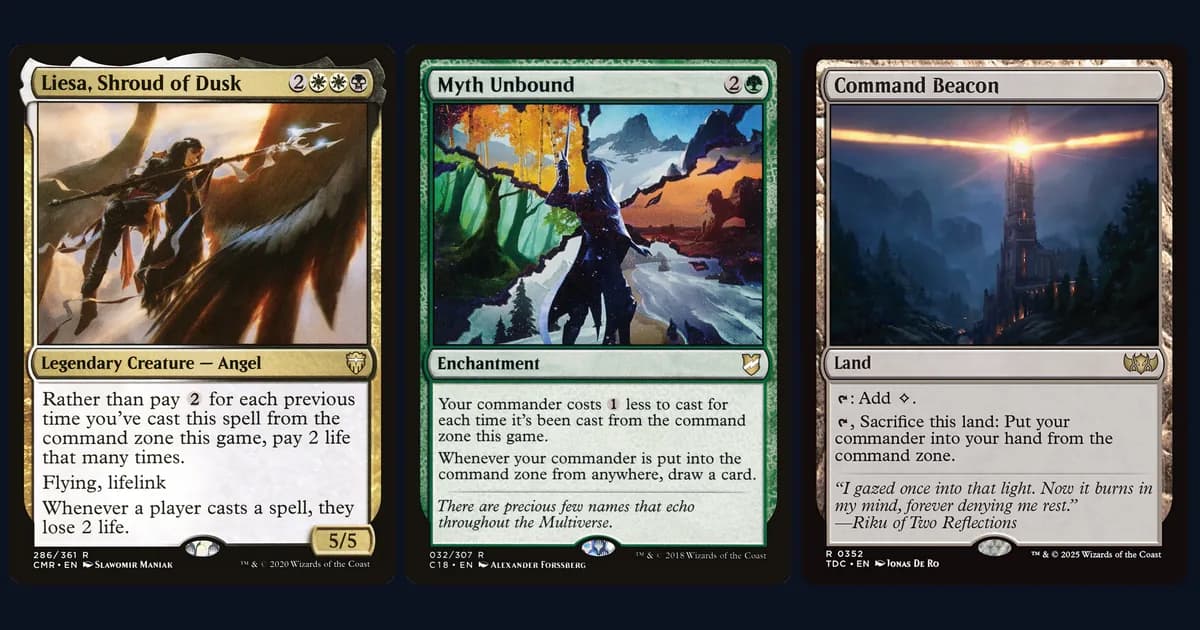 Liesa, Shroud of Dusk, Myth Unbound and Command Beacon side by side, three cards that change how the commander tax works