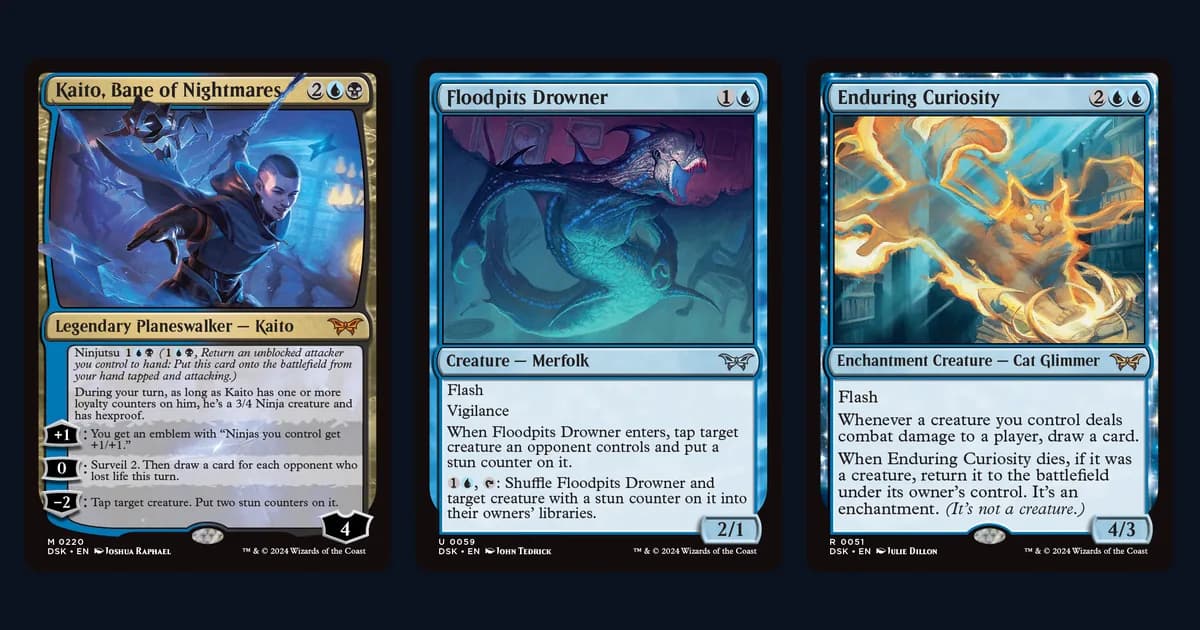Kaito, Bane of Nightmares, Floodpits Drowner and Enduring Curiosity card faces side by side, the three cards Dimir Midrange wins with