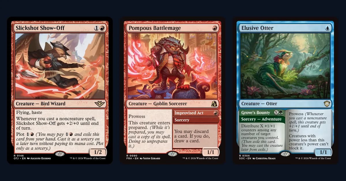 Slickshot Show-Off, Pompous Battlemage and Elusive Otter card faces side by side, the three one- and two-drop threats of Izzet Prowess