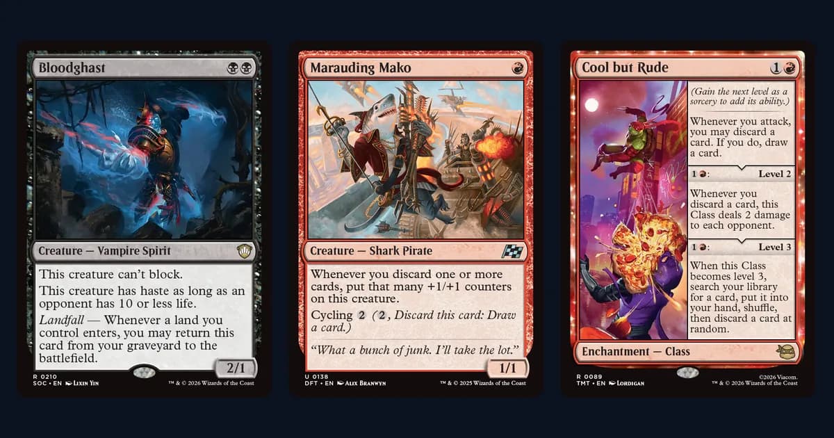 Bloodghast, Marauding Mako and Cool but Rude card faces side by side, the recursive creature, the growing shark and the discard engine of Mardu Discard