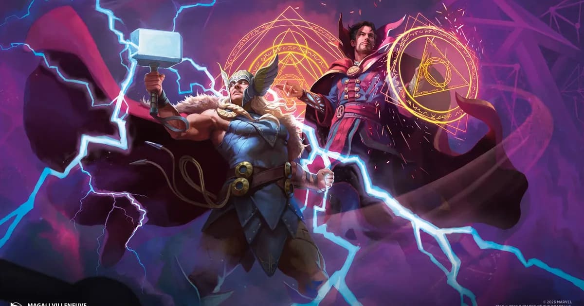 Darkhold Destiny key art by Magali Villeneuve: a winged-helmet Asgardian raising a hammer in lightning beside Doctor Strange casting golden spell circles