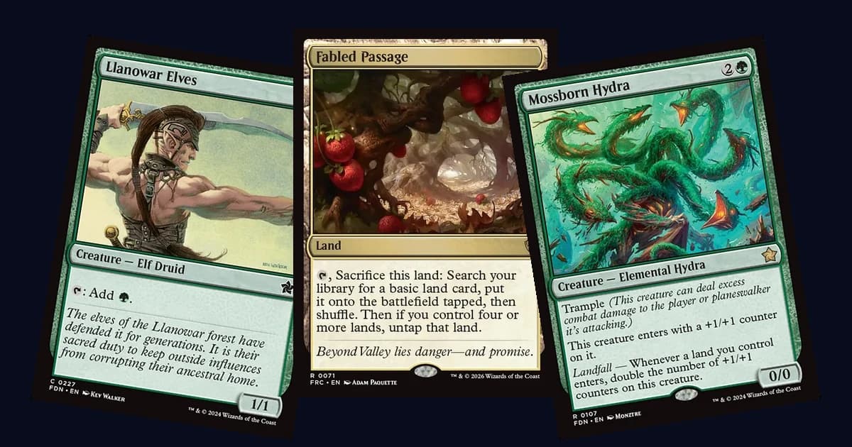 Llanowar Elves, Fabled Passage, and Mossborn Hydra card art arranged together, the three cards anchoring Mono-Green Landfall's early and late game plans