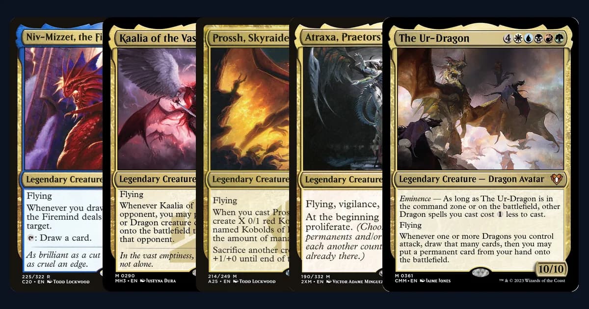 Niv-Mizzet, Kaalia of the Vast, Prossh, Atraxa and The Ur-Dragon fanned out, going from two colors up to all five