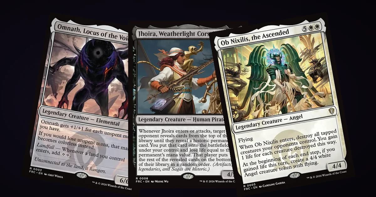 Omnath, Jhoira and Ob Nixilis, three Reality Fracture alternate legends, fanned out on a dark background