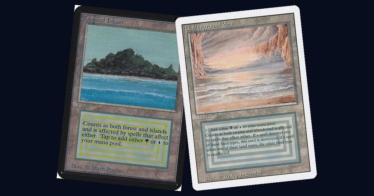 Tropical Island and Underground Sea dual land card art side by side, the classic black-border Alpha and white-border Revised printings