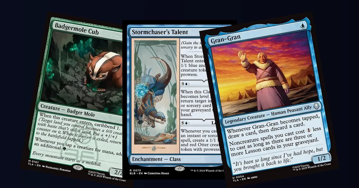 Badgermole Cub, Stormchaser's Talent and Gran-Gran, the three cards banned in Standard on August 10, side by side