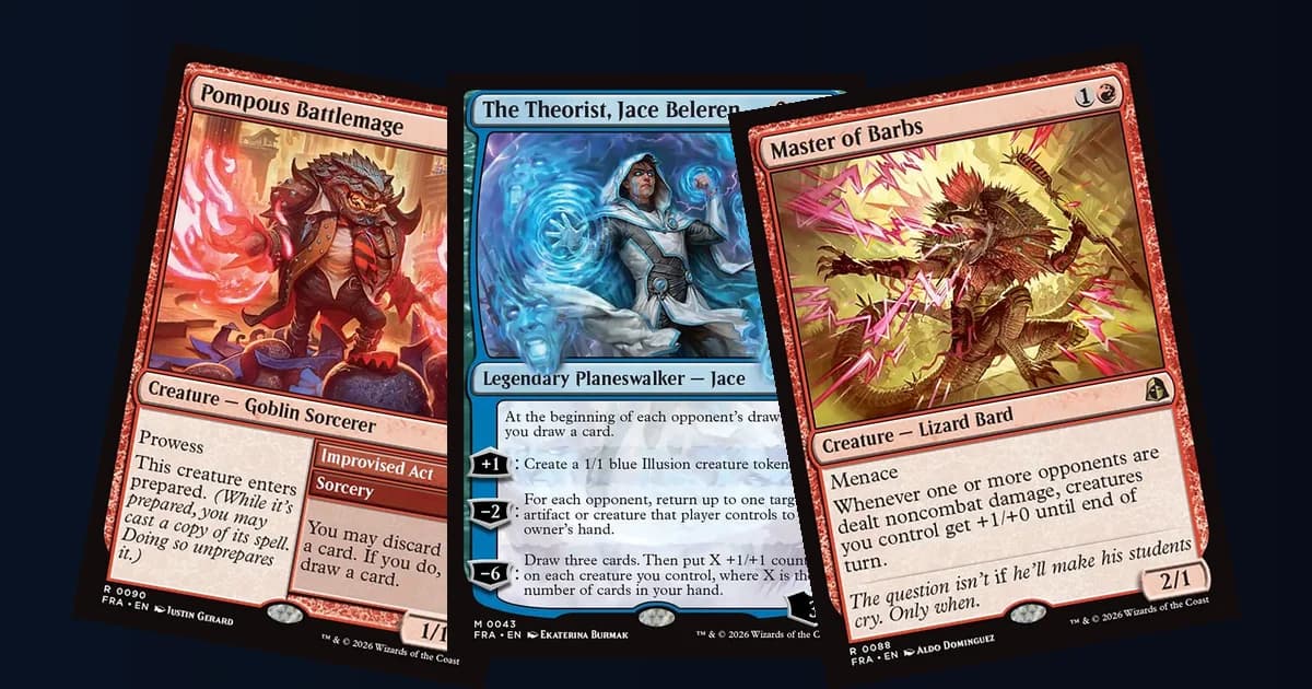 Pompous Battlemage, The Theorist, Jace Beleren and Master of Barbs cards fanned out, three Reality Fracture cards in Standard decks