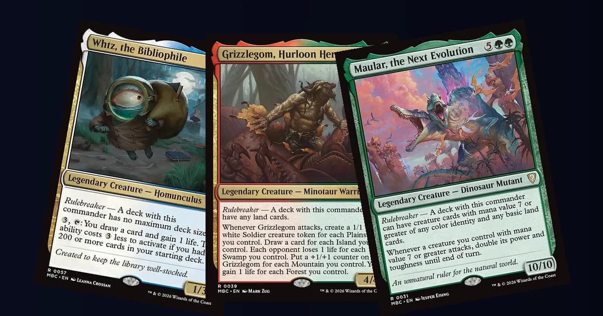 Whtz the Bibliophile, Grizzlegom Hurloon Hero and Maular the Next Evolution, three Rulebreaker commanders fanned out on a dark background
