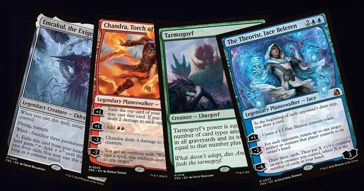 Emrakul, the Exigent Doom, Chandra, Torch of Defiance, Tarmogoyf, and The Theorist, Jace Beleren fanned out against a dark fractured-multiverse background