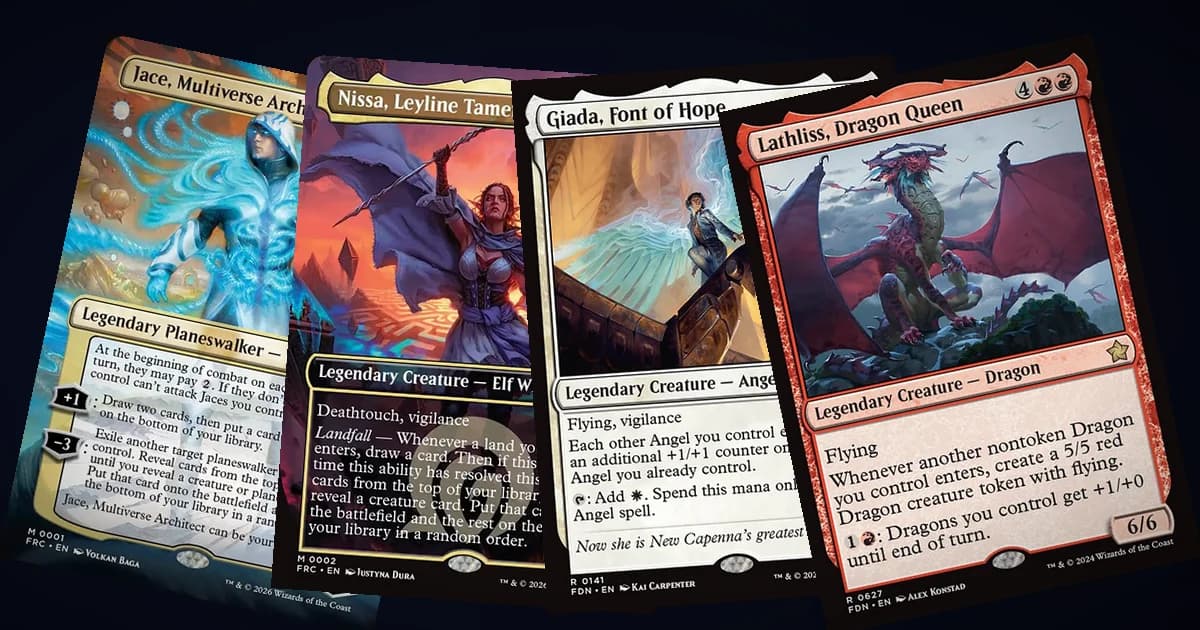 Four precon commanders fanned out: Jace, Multiverse Architect, Nissa, Leyline Tamer, Giada, Font of Hope and Lathliss, Dragon Queen