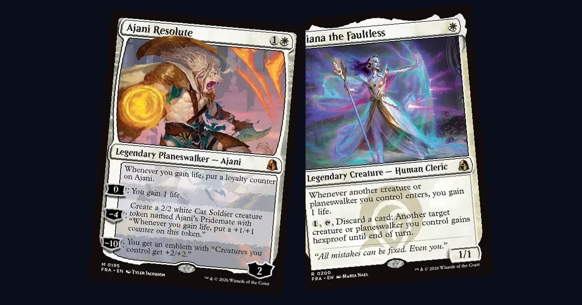 Ajani Resolute and Liliana the Faultless, two Echoverse mirror cards from Reality Fracture, fanned out against a dark background