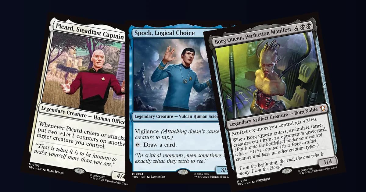 Picard, Steadfast Captain, Spock, Logical Choice and Borg Queen, Perfection Manifest, three mythic Star Trek Commander legends, fanned out