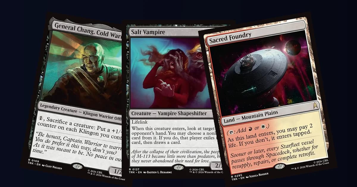 General Chang, Cold Warrior, Salt Vampire and Sacred Foundry, three Star Trek cards fanned out on a dark background