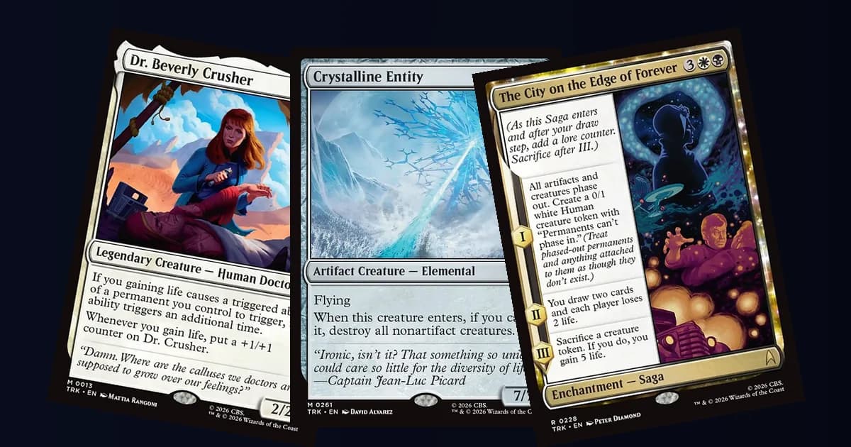 Dr. Beverly Crusher, Crystalline Entity and The City on the Edge of Forever, three revealed Star Trek cards, fanned out