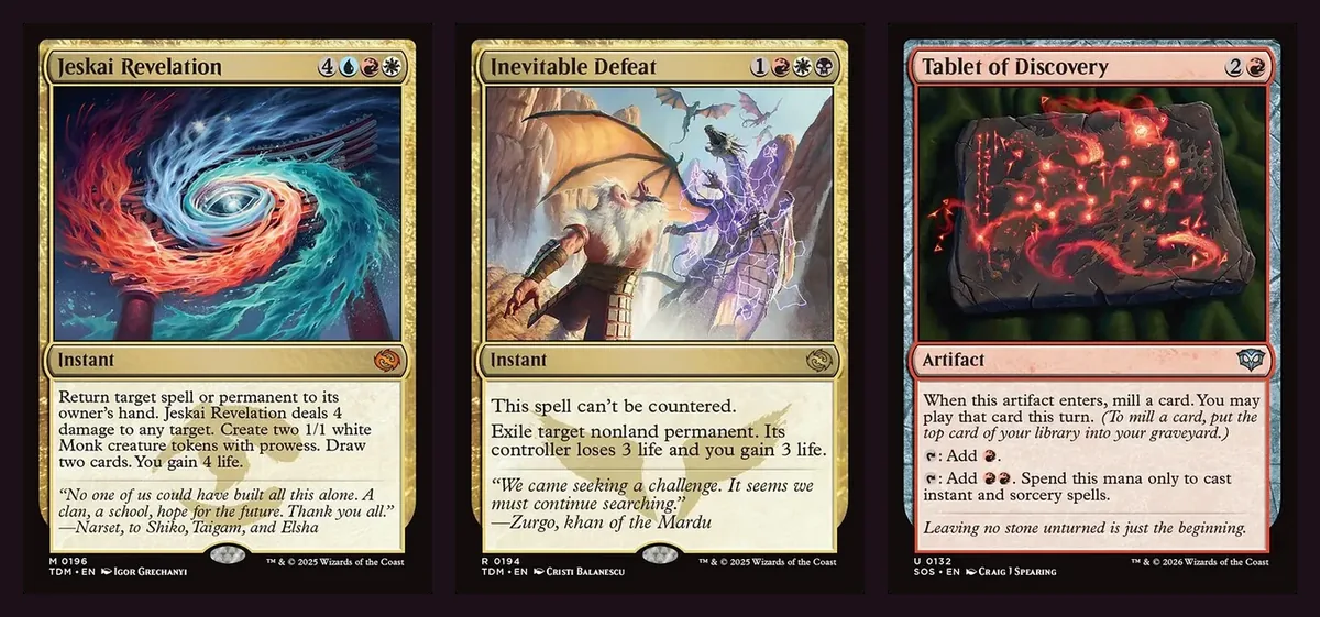 Full card images of Jeskai Revelation, Inevitable Defeat and Tablet of Discovery, three of the cards all 13 lists play four times