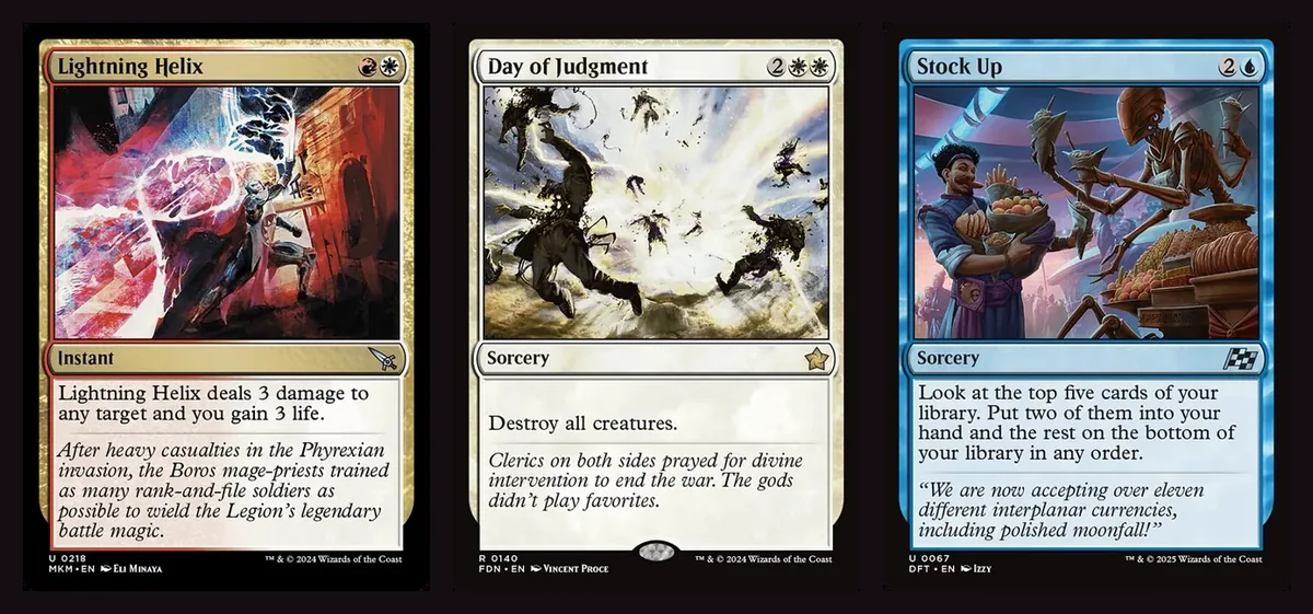 Full card images of Lightning Helix, Day of Judgment and Stock Up, three of the removal and card advantage spells the 4c Control lists play