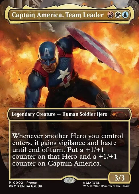 Captain America, Team Leader card, a red, white and blue Legendary Creature with a Hero entering trigger