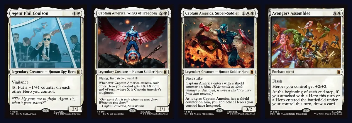 Four white Marvel cards, Agent Phil Coulson, Captain America Wings of Freedom, Captain America Super-Soldier and Avengers Assemble, laid side by side