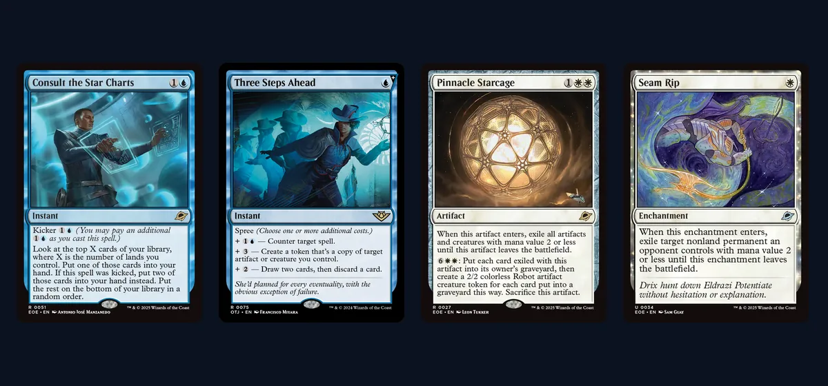 Consult the Star Charts, Three Steps Ahead, Pinnacle Starcage and Seam Rip card faces side by side, four of the cheap spells that protect Azorius Control's early turns