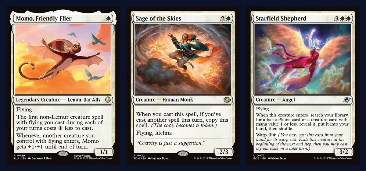 Momo, Friendly Flier, Sage of the Skies and Starfield Shepherd card faces side by side on a navy background
