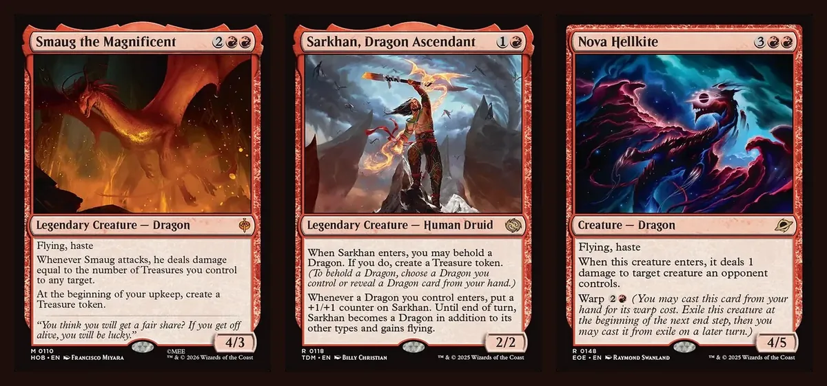 Full card images of Smaug the Magnificent, Sarkhan, Dragon Ascendant and Nova Hellkite, three of the four-copy Dragons in the best-placed list