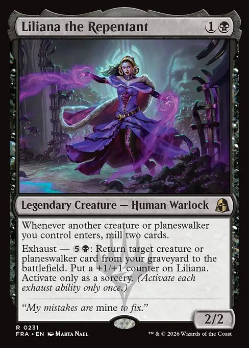 Liliana the Repentant card art showing a purple-robed sorceress with glowing magic in both hands standing in a ruined graveyard, with her mill-on-enter and once-per-game reanimation exhaust ability visible